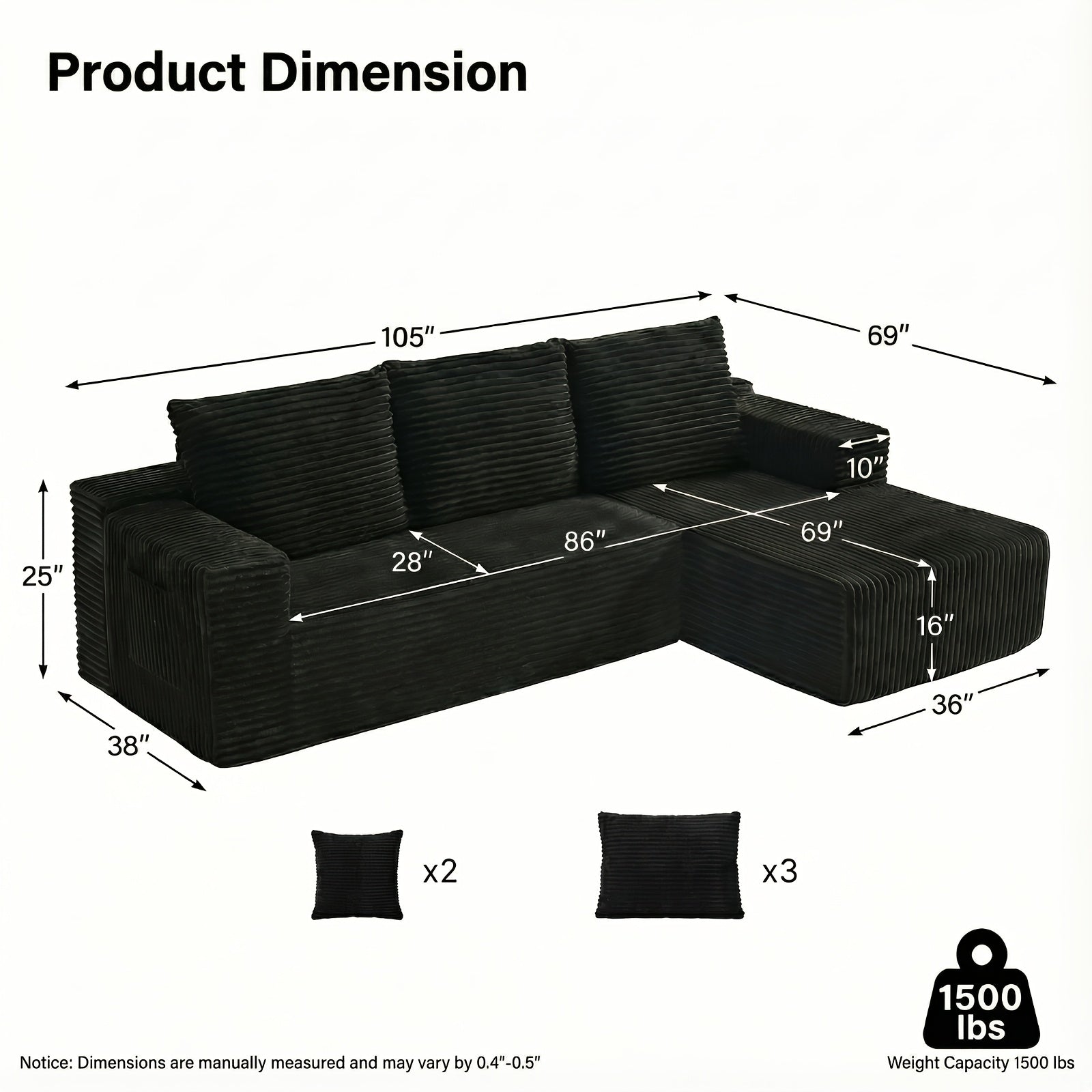 Modular L-shaped chaise longue sofa bed with deep seat and corduroy upholstery