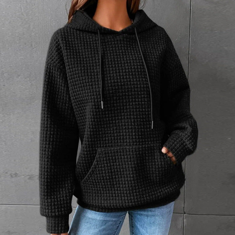 Women's Plaid Pocket Long Sleeve Solid Hoodie