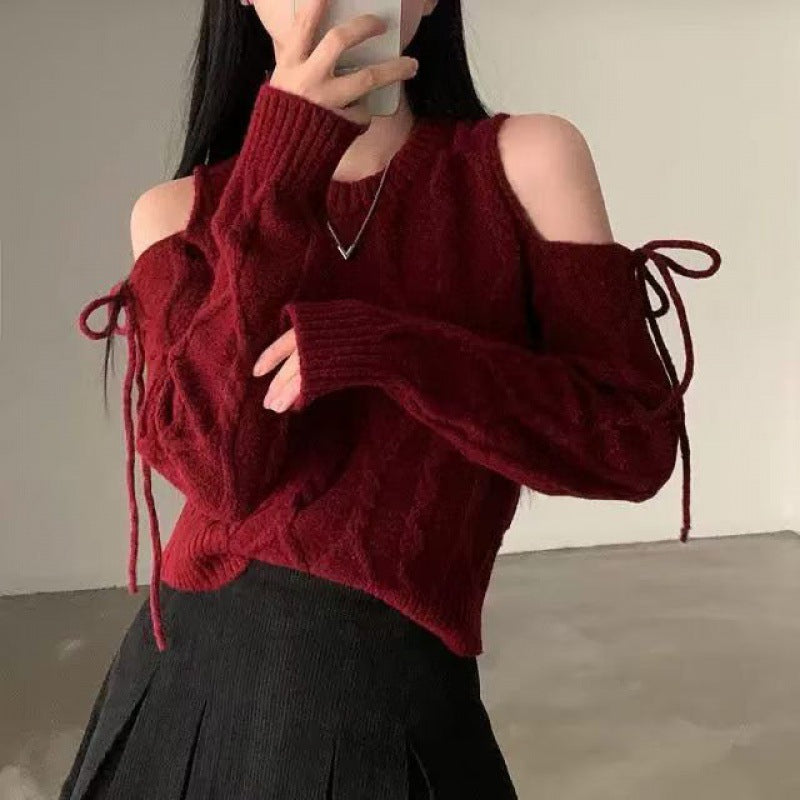 Round Neck Hollow Out Shoulder-baring Lace-up Loose All-match Long-sleeved Sweater Sweater