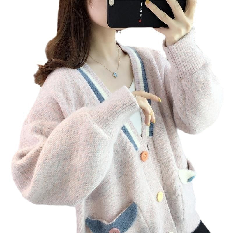 Womens Loose-fitting Outerwear Sweater with Contrasting-color Pockets
