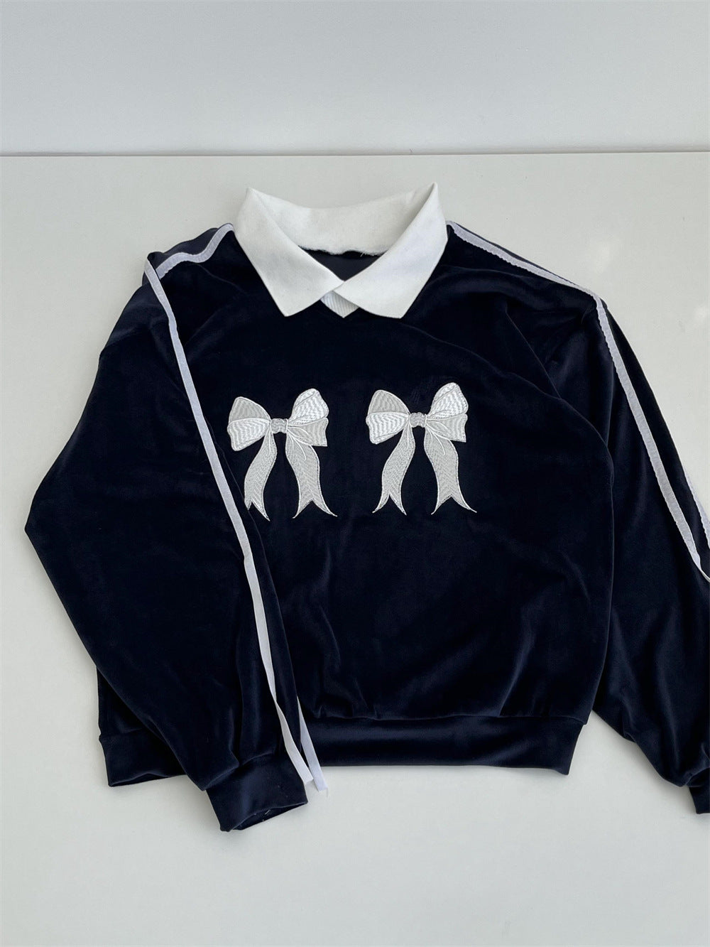 Retro Bow Embroidered Striped Contrast Knit Sweater