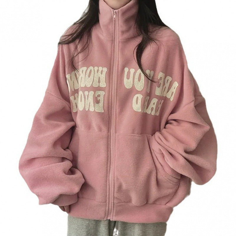 Women's Plus Velvet Alphabet Zip-Up Loose Cardigan Sweater