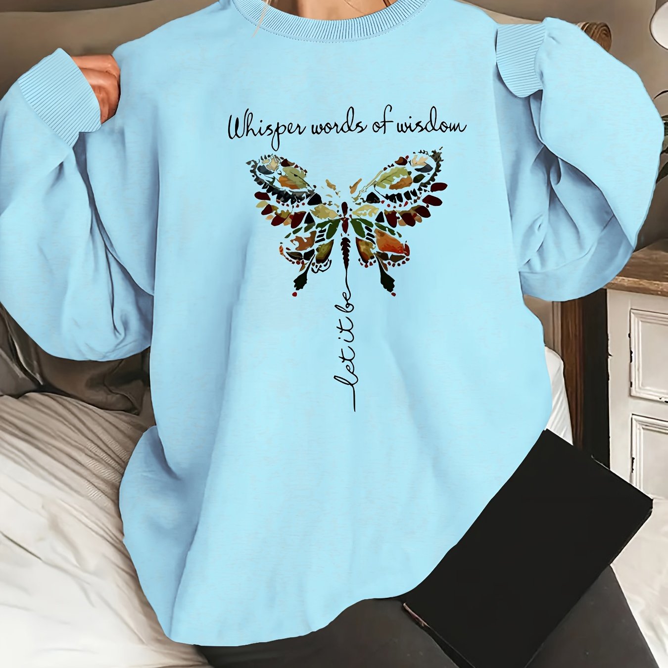Women's Oversized Butterfly Graphic Long Sleeve Sweatshirt, Round Neck, Casual, Machine Washable