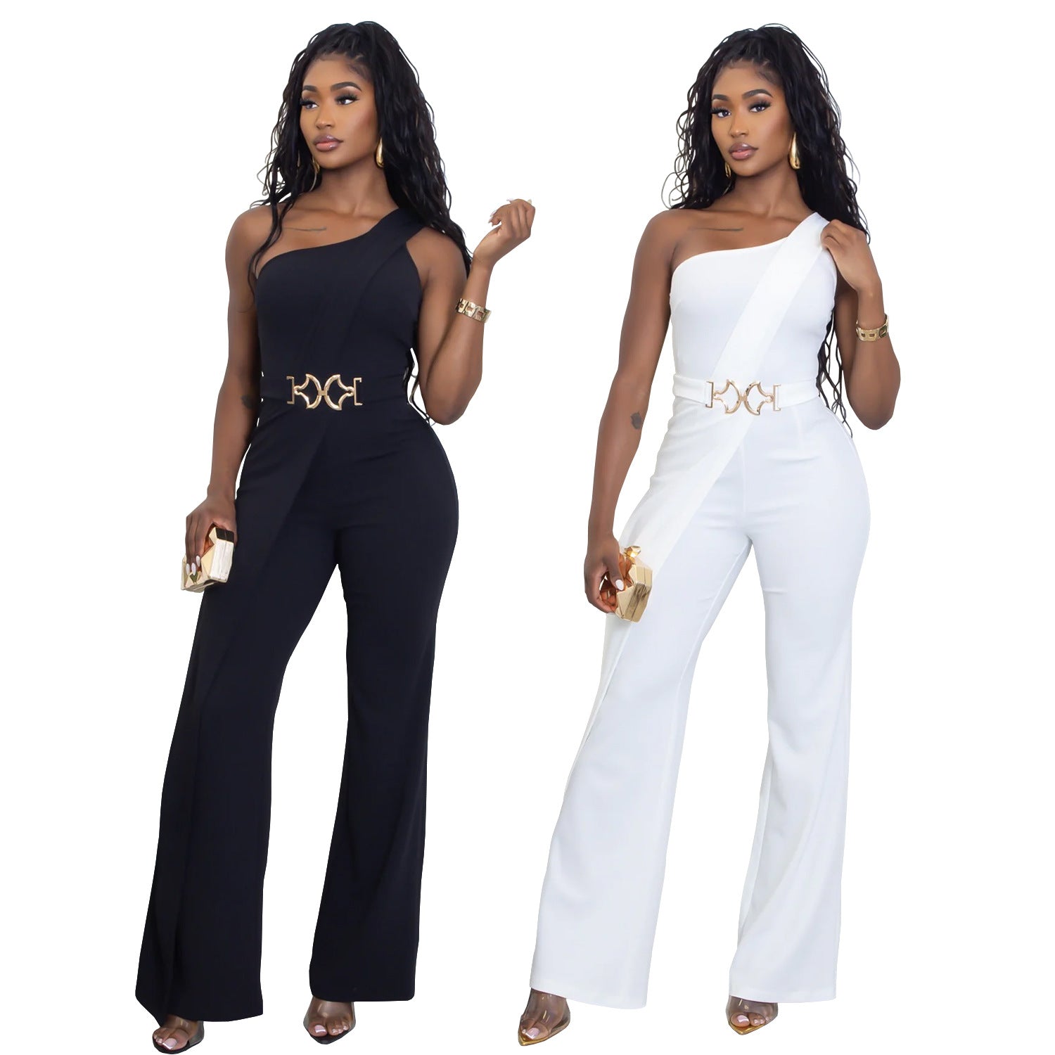 Elegant One-Shoulder Wide-Leg Jumpsuit with Buckle