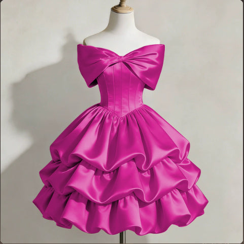 One-shoulder Satin Puff Skirt with a Bow Short-length Waist-cinching Designperfect for Everyday Wear