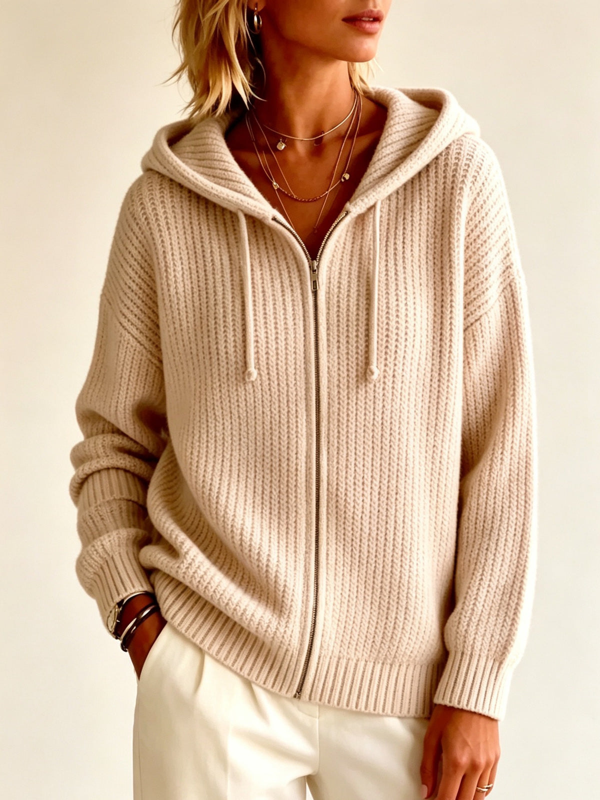 Relaxed Elegant Solid-color Soft and Casual Zip-up Hooded Knit Sweater