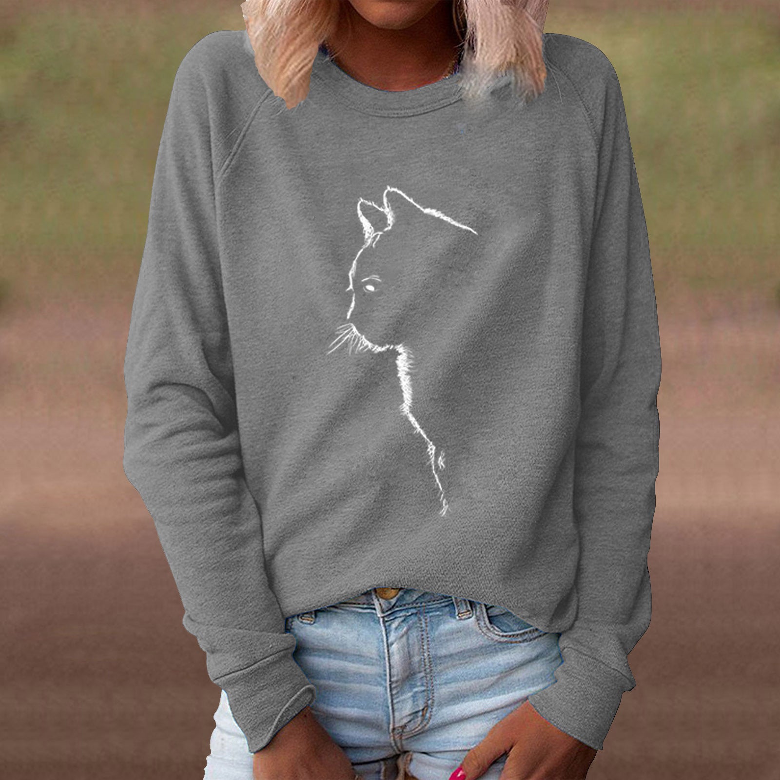 Cute Cat Print Long Sleeve Pullover Sweater