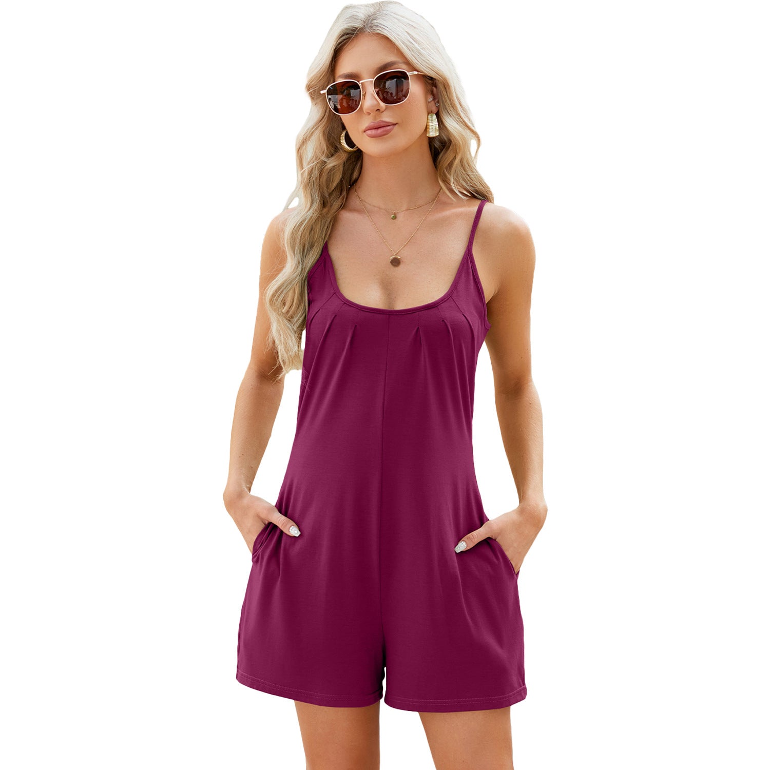 Solid-color Casual Jumpsuit With Straps Loose Fit And Patch Pockets