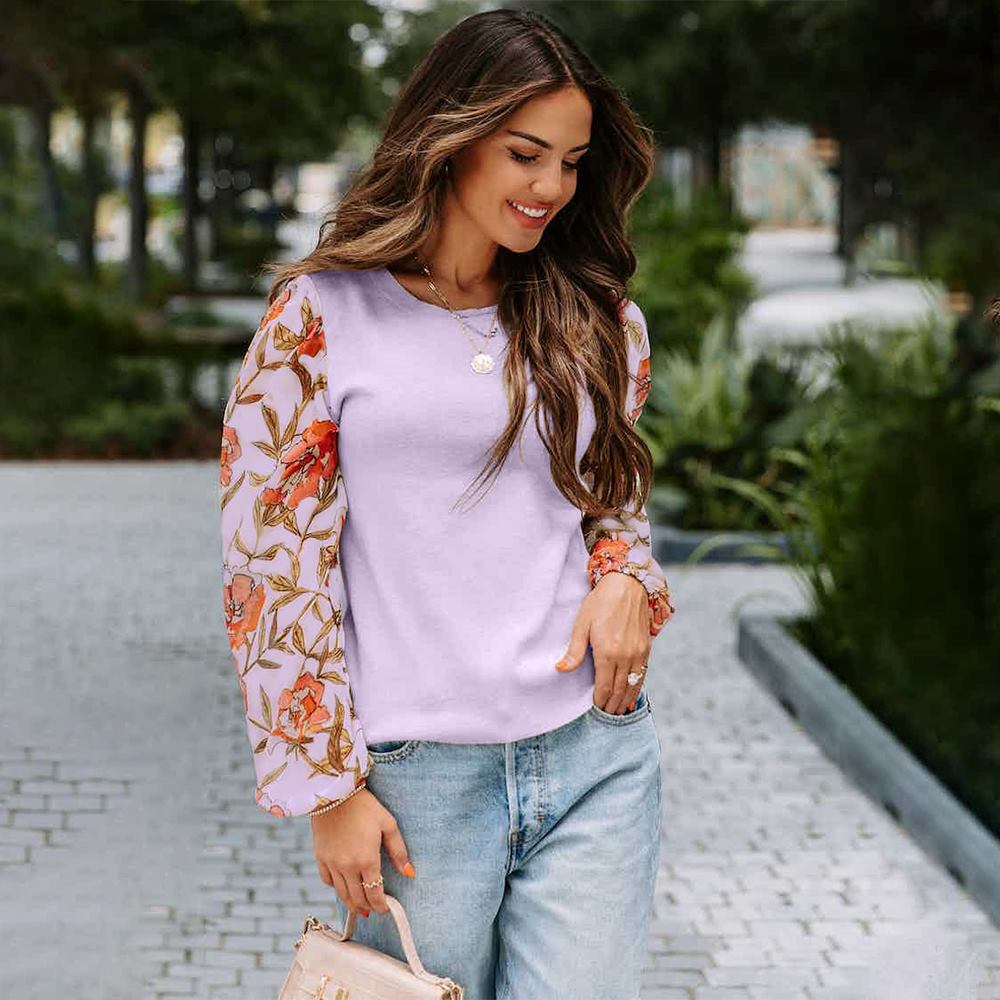 Chic Printed Lantern Sleeve Casual Pullover Sweater