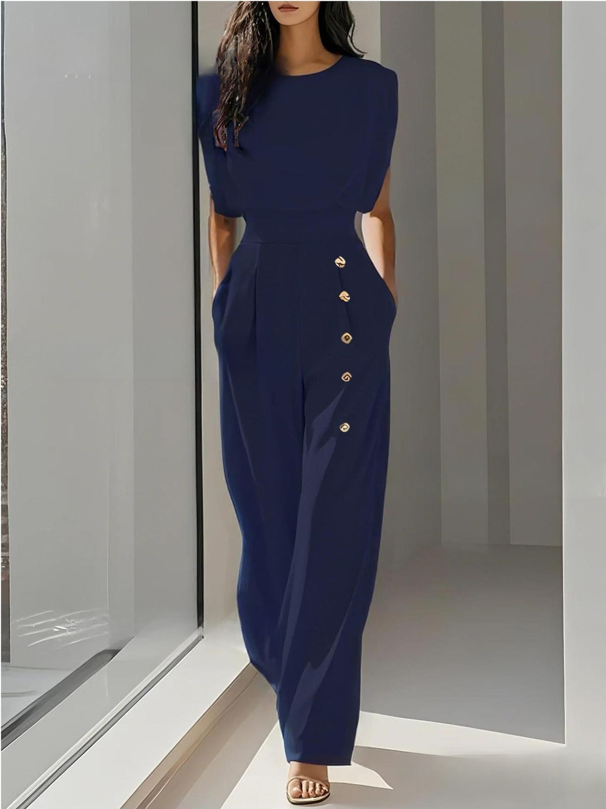 Elegant High-Waisted Button-Detail Straight-Leg Pants