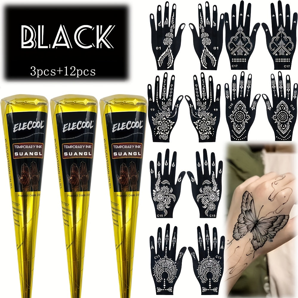 Temporary Semi‑Permanent Tattoo Paste – Brown & Black with Random Template Patterns (Waterproof, Safe & Non‑Irritating)