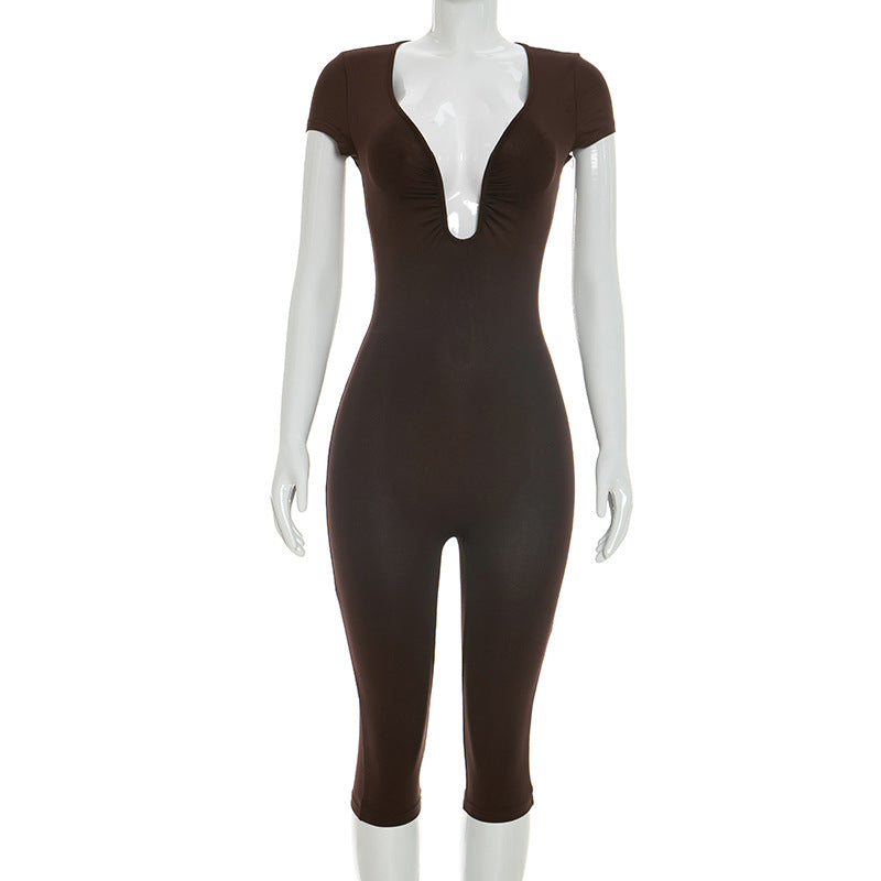 Womens Solid-color Slimming U-neck Jumpsuit