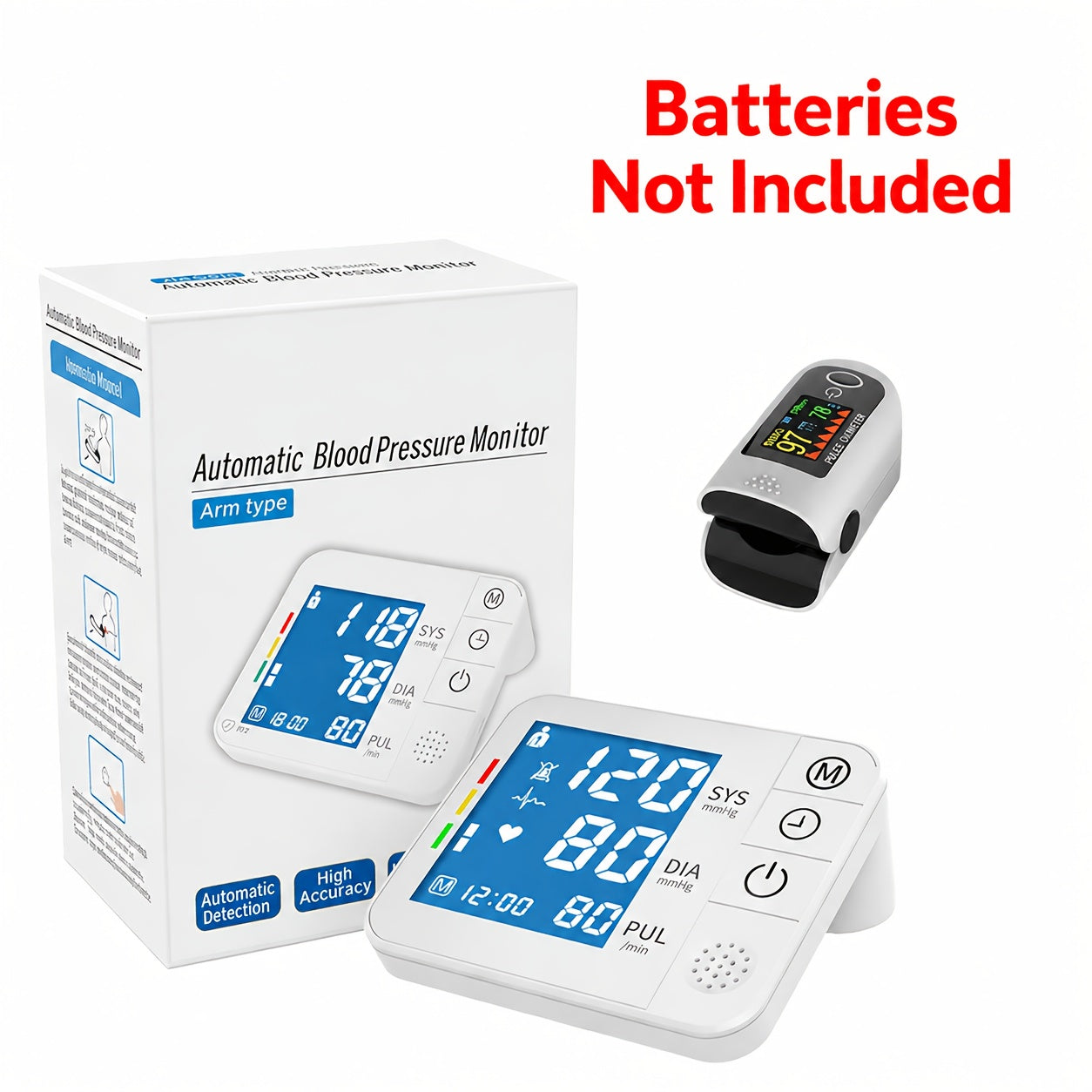 2‑3 Piece Health Monitoring Set: Automatic Blood Pressure Monitor, Oximeter & Forehead Thermometer with Large LCD, USB Charging and 99‑Reading Memory