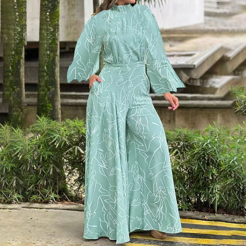Elegant Striped Long-Sleeve Wide-Leg Jumpsuit