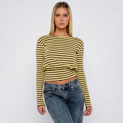 Striped Long‑Sleeve Casual Top – Slim Fit, Vibrant Yellow & Black