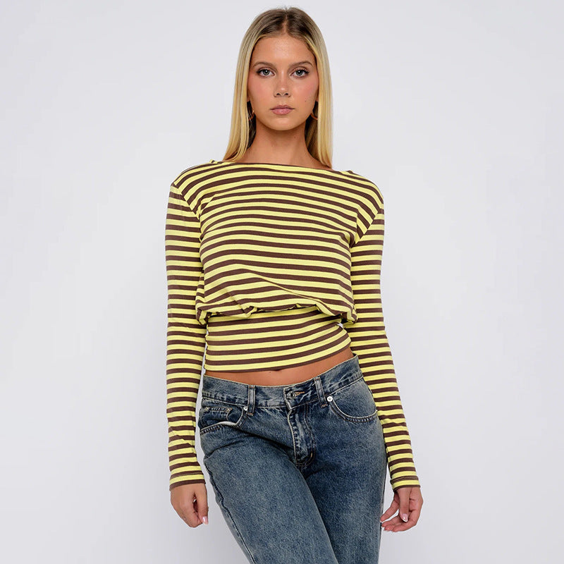 Striped Long‑Sleeve Casual Top – Slim Fit, Vibrant Yellow & Black