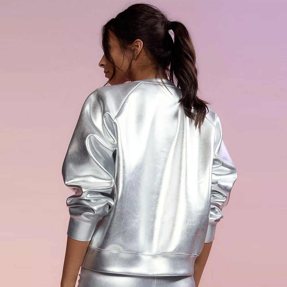 Faux Leather Long Sleeve Round Neck Top