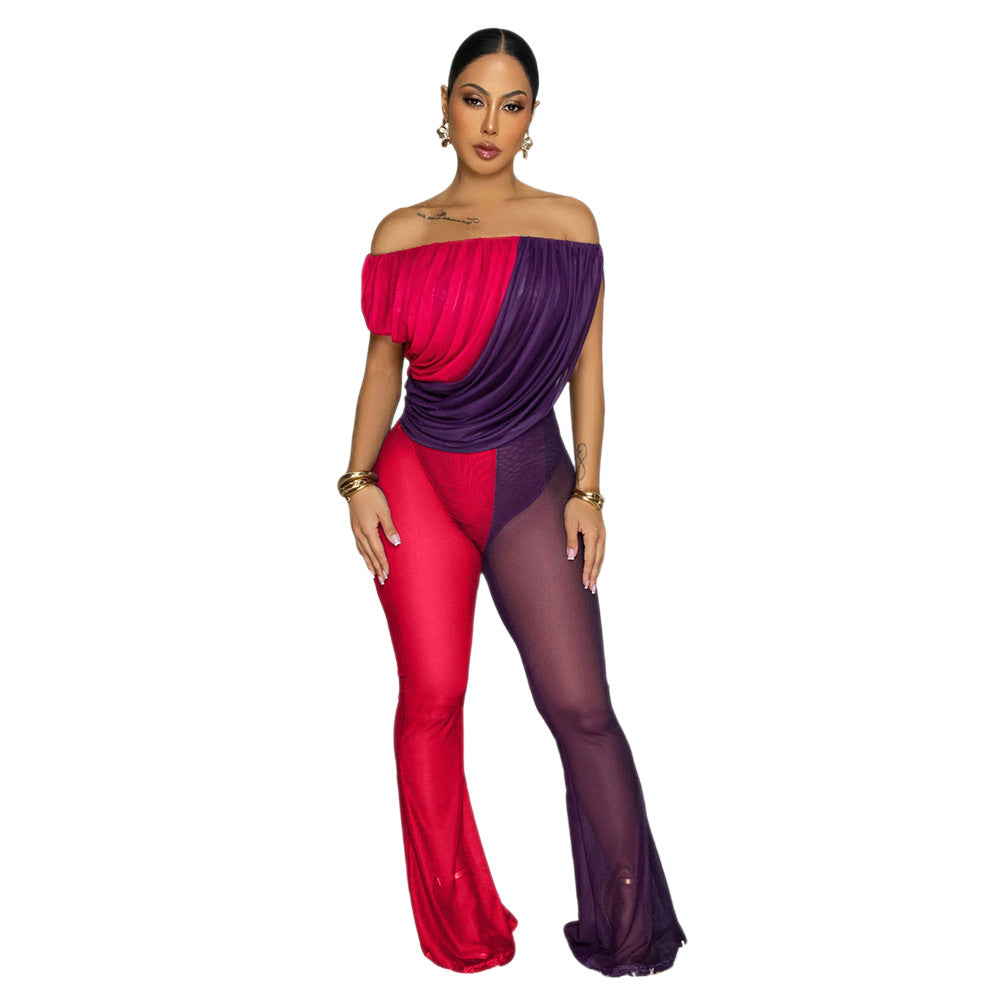 Chic Off-Shoulder Mesh Colorblock Jumpsuit