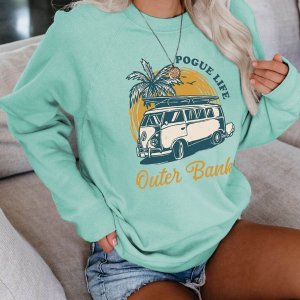 Casual Printed Crew Neck Loose Top for Women