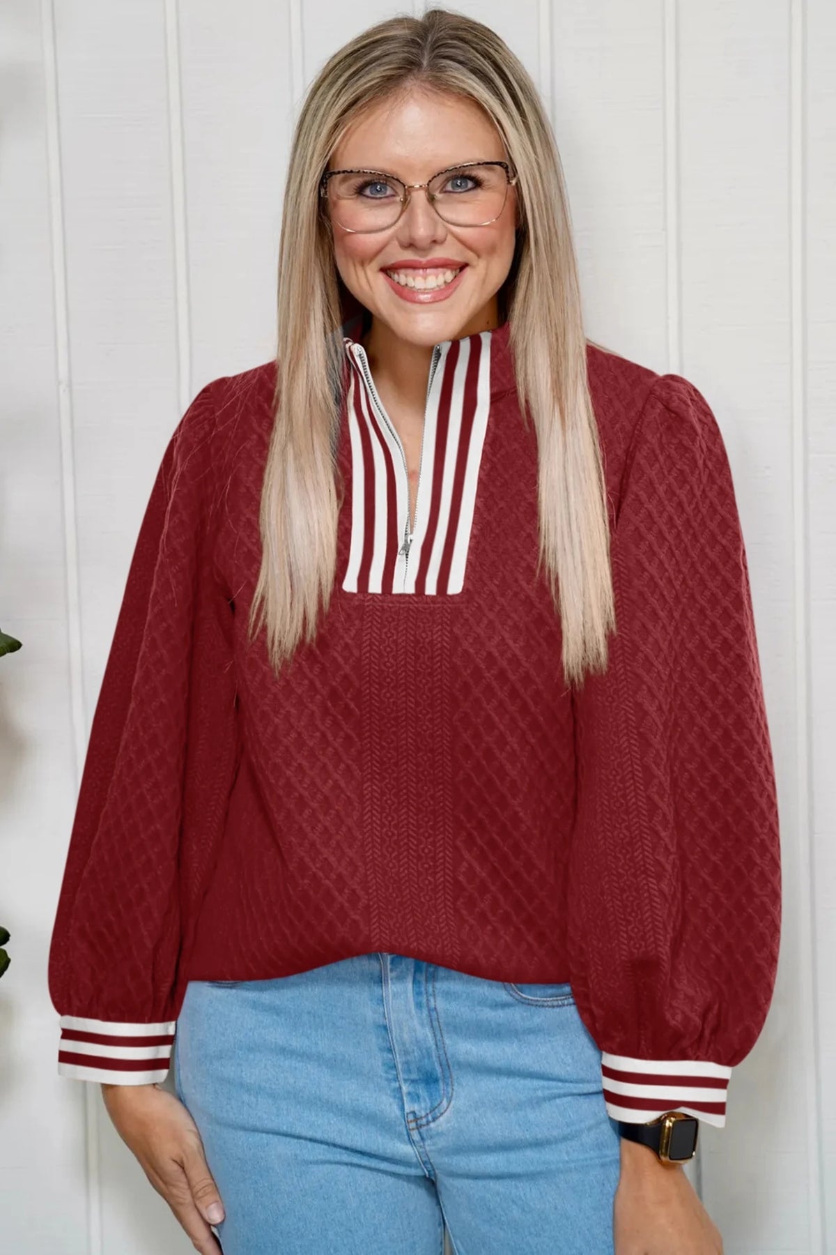 Racing Red Diamond-texture Striped Patchwork Zip-neck Pullover Sweater