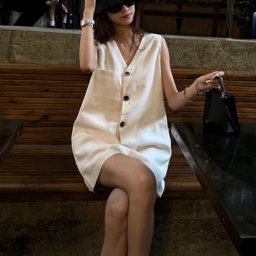 Womens Fashion Single-Breasted Sleeveless Jumpsuit Vest