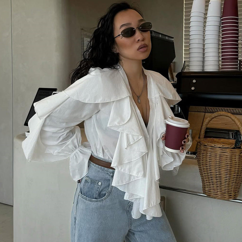 Fashionable Loose V-Neck Ruffle Long-Sleeve Shirt For Women