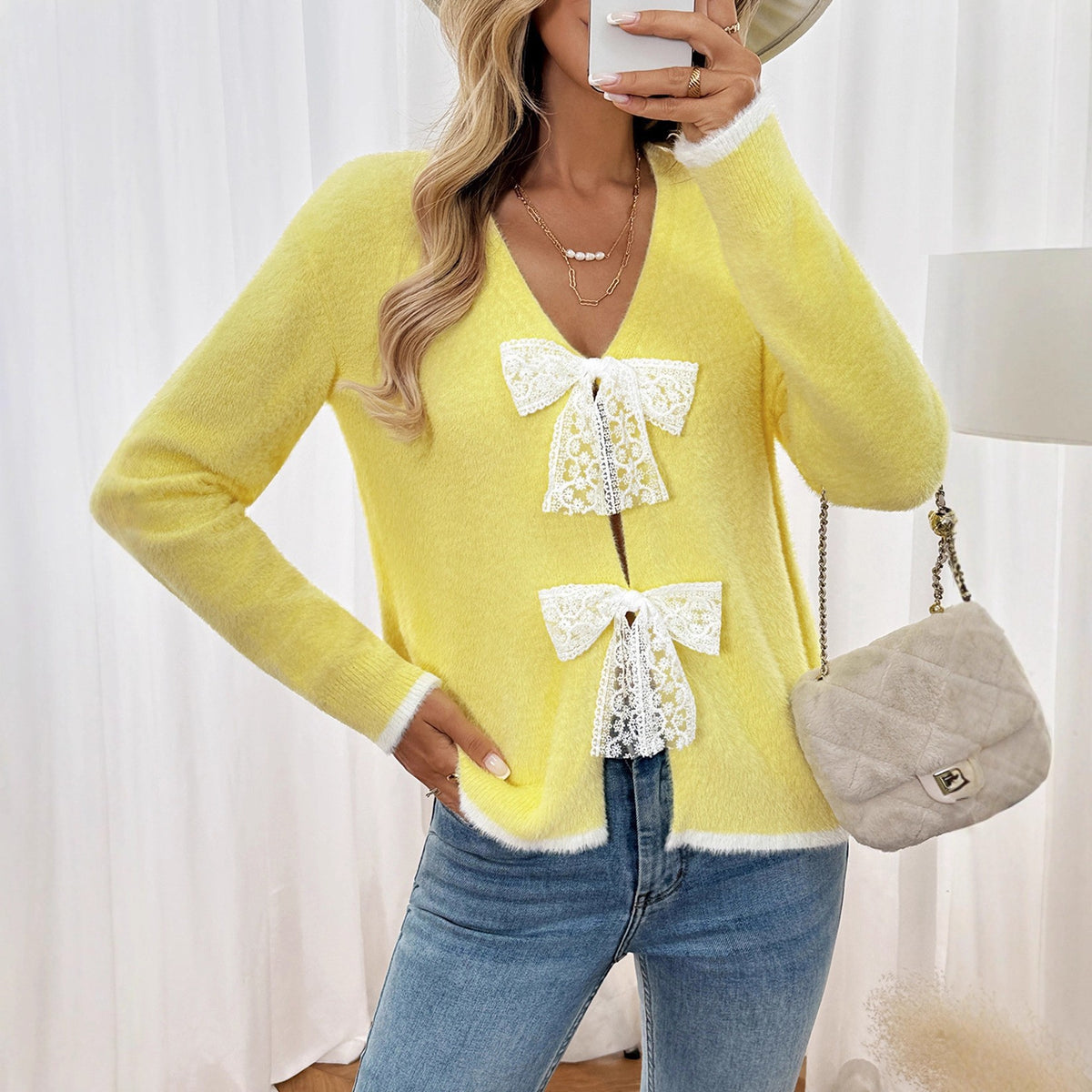 European and American Color Matching V-neck Bow Cardigan Sweater Coat Women's Clothing