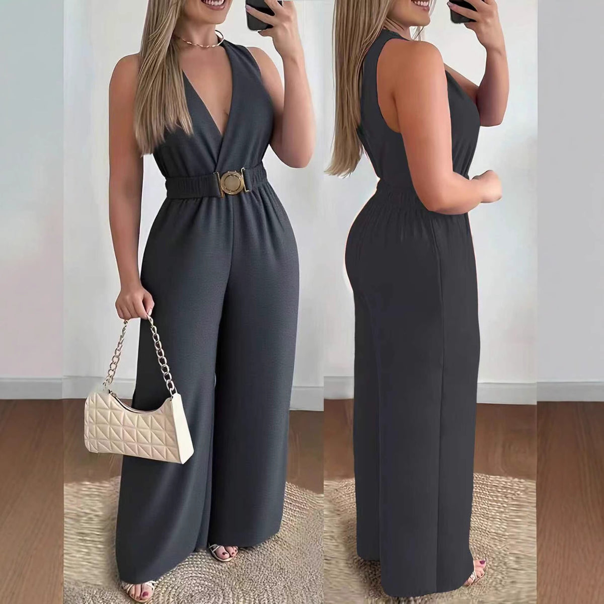 Chic High-Waist Wide-Leg Jumpsuit with Pockets