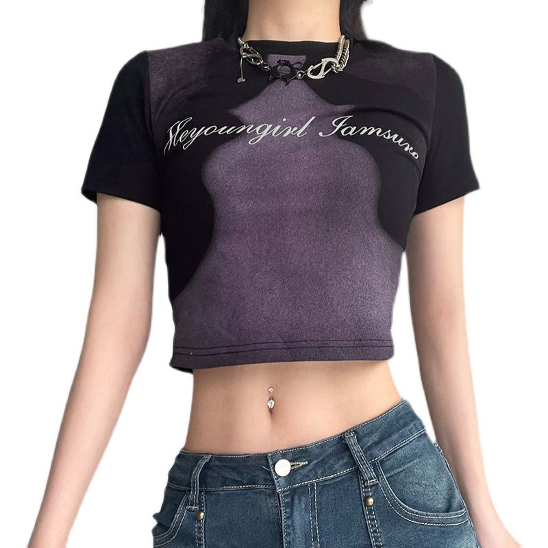 Abstract Face Print Color Contrast Slim Fit Women's T-Shirt