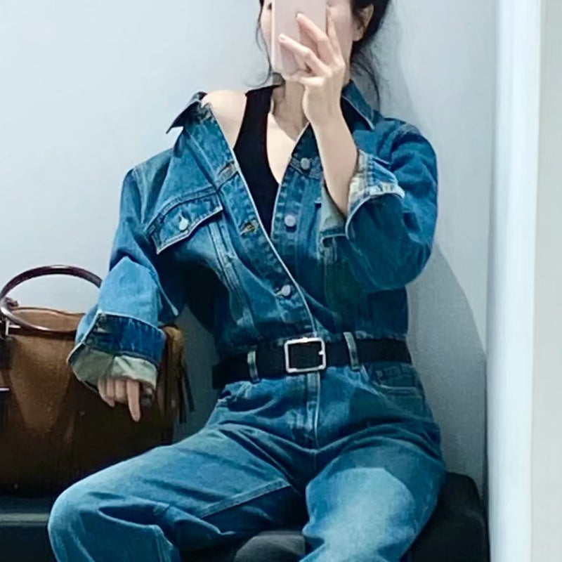 Vintage Washed Cotton High-Waist Straight-Leg Jumpsuit