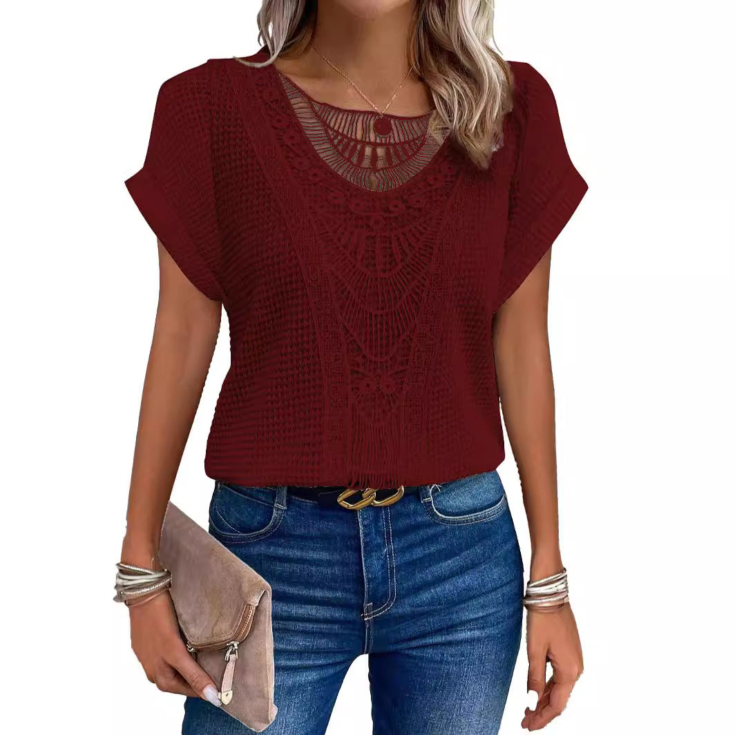Independent Site Hollowed Lace Patchwork Plus-size Short-sleeve T-shirt Cross-border