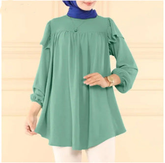 Solid Color Long Sleeve Loose Lotus Leaf Round Neck Top Shirt