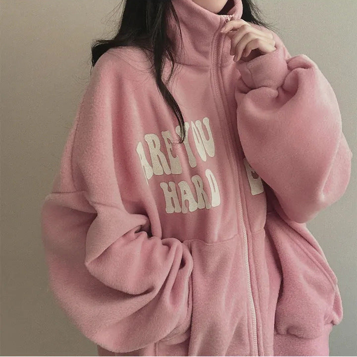 Women's Plus Velvet Alphabet Zip-Up Loose Cardigan Sweater