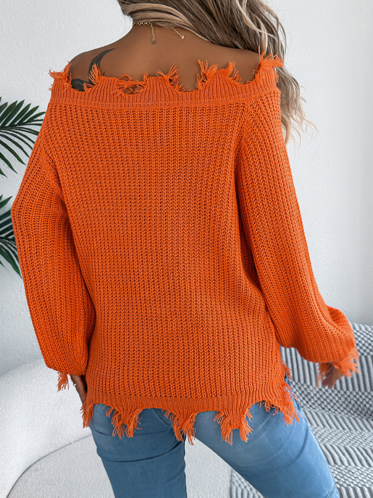 Women Solid Color Hollow Out Long Sleeve Distressed Off-shoulder Pullover Sweater