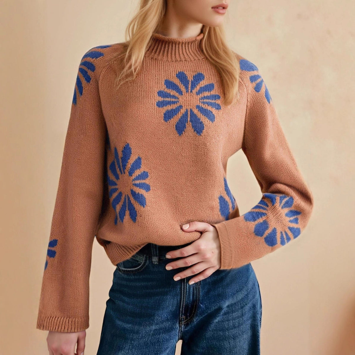 Round Neck Flower Color Collision Design Casual Knitted Sweater