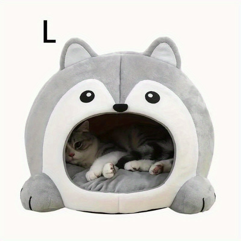 Heated Cat House & Dog Bed - Soft Pet House With Open Entrance Tunnel, Cozy Round Bed - Warm Lounger Pad & Sleeping Tent - Cute Grey & White Design With Paw Print - Durable Nylon Construction For C...