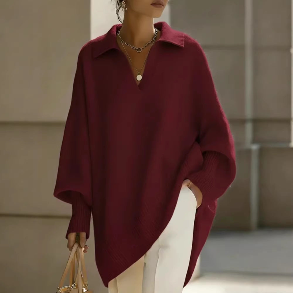 Lapel-collar Loose-fit Solid-color Sweater with Lantern Sleeves
