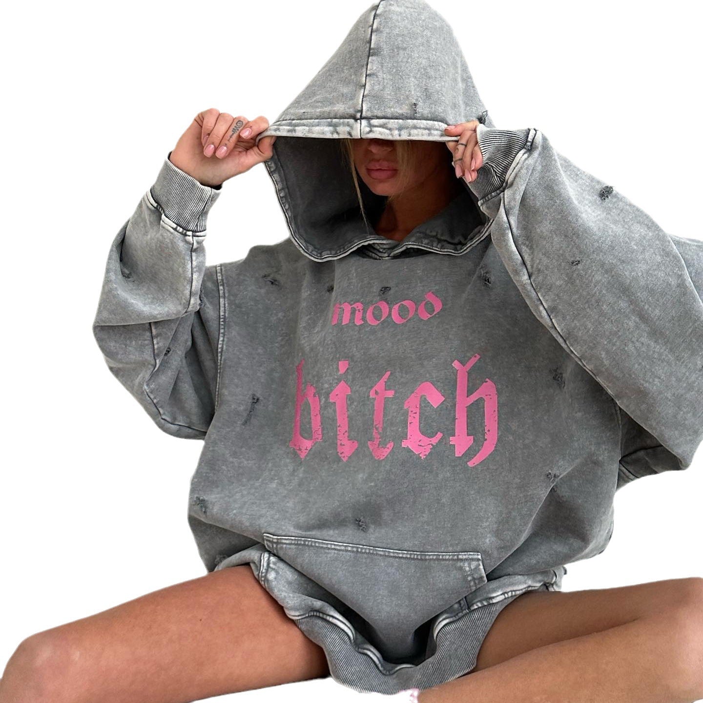 Washed Distressed Streetwear Hoodie for Women