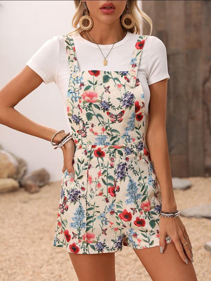 Women's Plant Print Button Corduroy Jumpsuit
