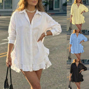 Solid-color Loose-fit Shirt Dress with a Flounced Hem