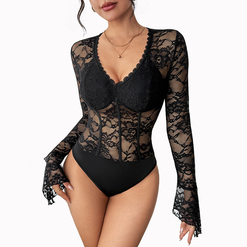 Black Lace V-Neck Bodycon Jumpsuit