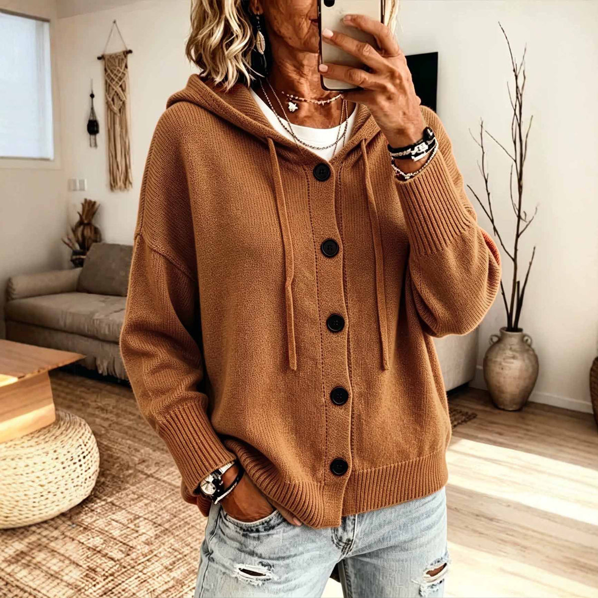 Casual Loose-fit Hooded Cardigan Sweater with Buttons