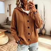 Casual Loose-fit Hooded Cardigan Sweater with Buttons