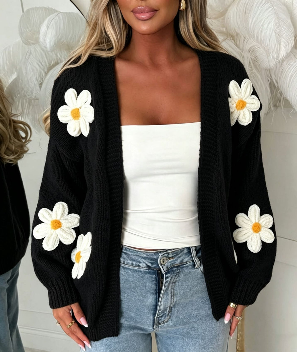 Sweet Large-floral Knitted Cardigan for Women