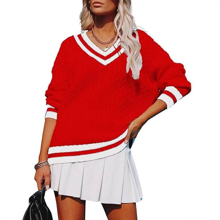 New Womens Fall V-neck Loose-fit Casual Color-block Cable-knit Sweater