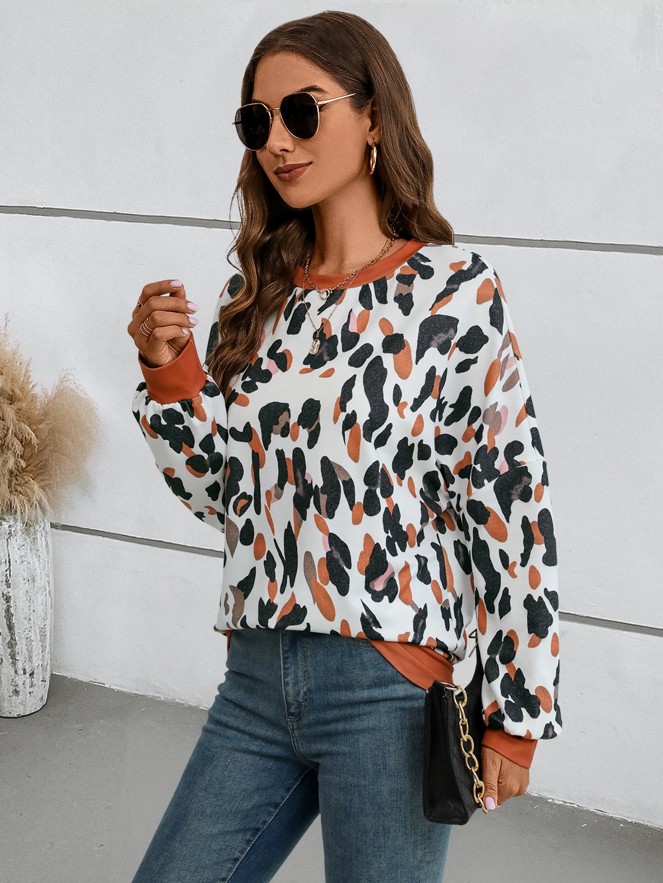 Chic Printed Lantern Sleeve Drop-Shoulder Sweater