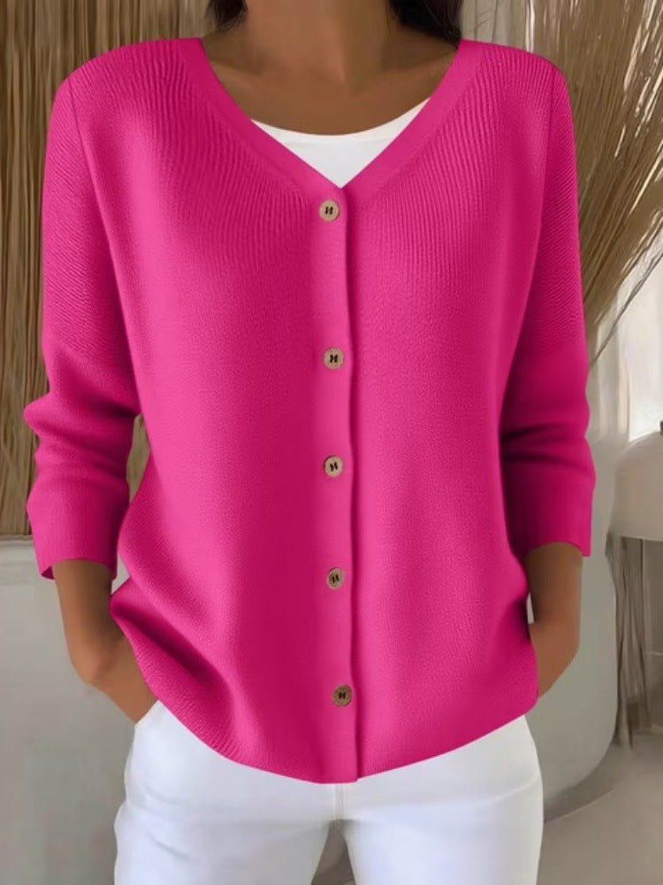 Womens Knitted Sweater V-neck Button-up Cardigan Womens Top