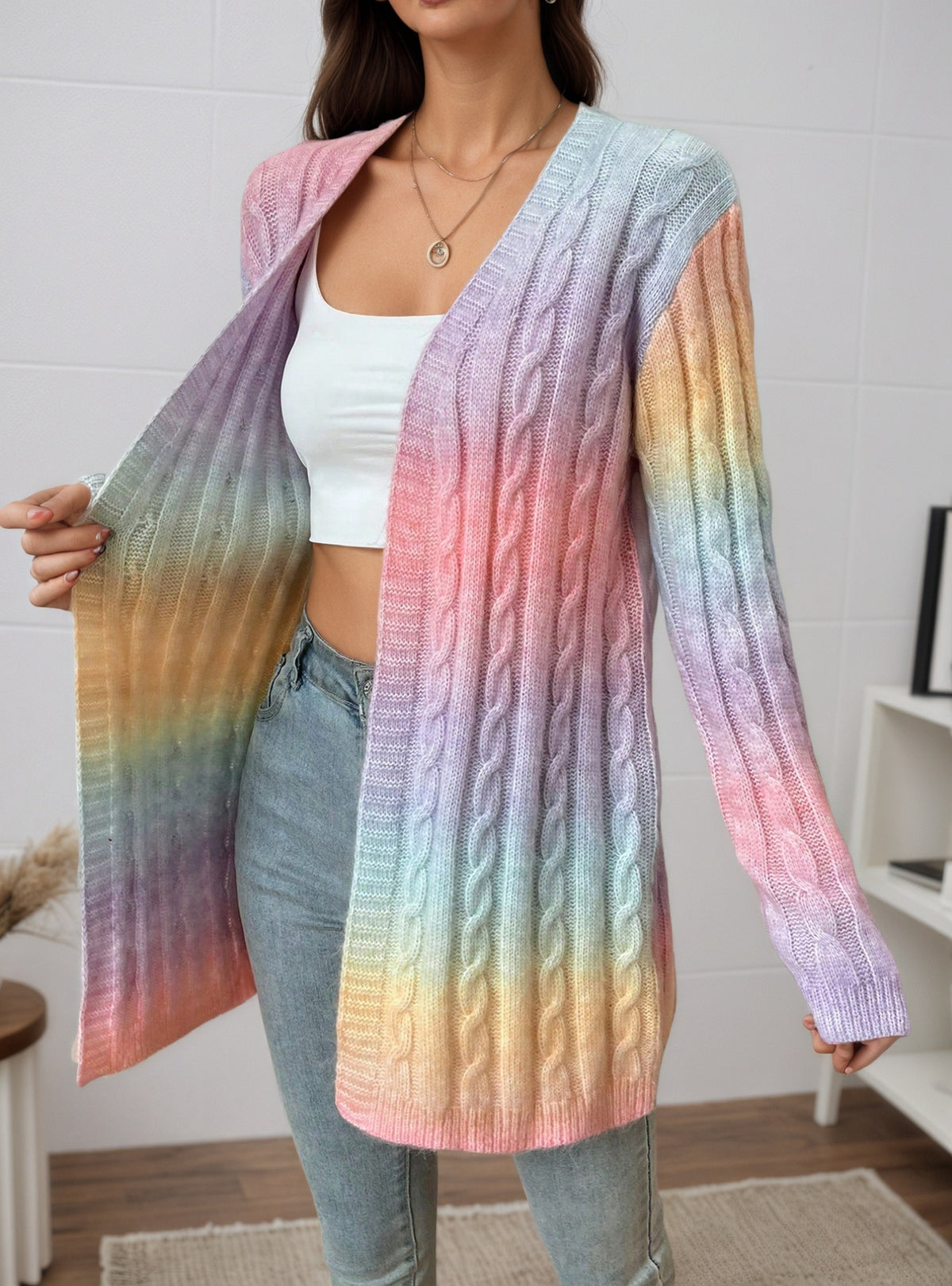 Gradient Color Twist Knitted Cardigan Coat for Women