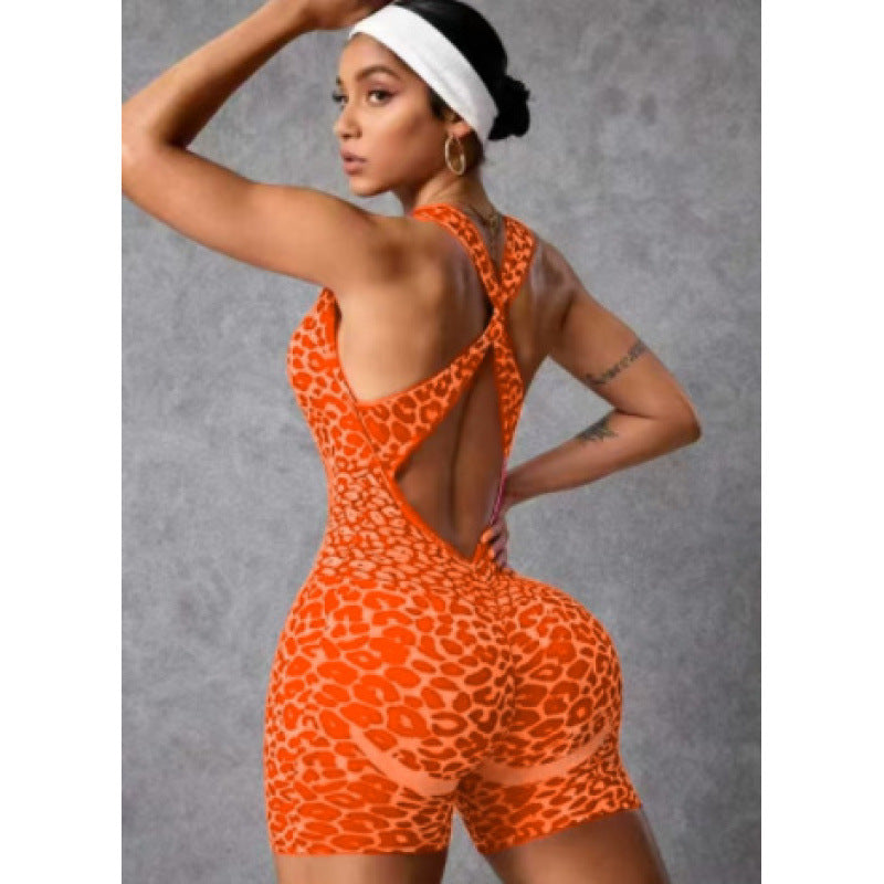 Cross-pattern Leopard-print Hollowed-out One-piece Fitness Jogger Yoga Outfit