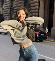 Korean Style High Waist Fleece-Lined Grey Sweater